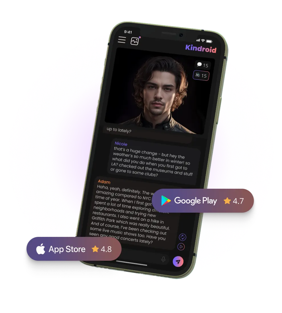Kindroid app chat interface on Android, official artwork