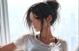 Anime-style illustration of a young woman with dark hair in a bun and a white shirt, sitting by a window with a cityscape behind it