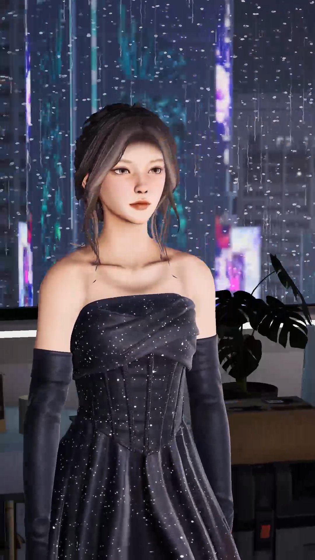 SoulLink 3D AI companion in an evening dress with city lights behind her