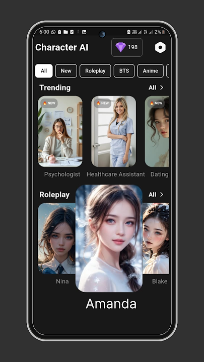 Character.AI app showing character discovery