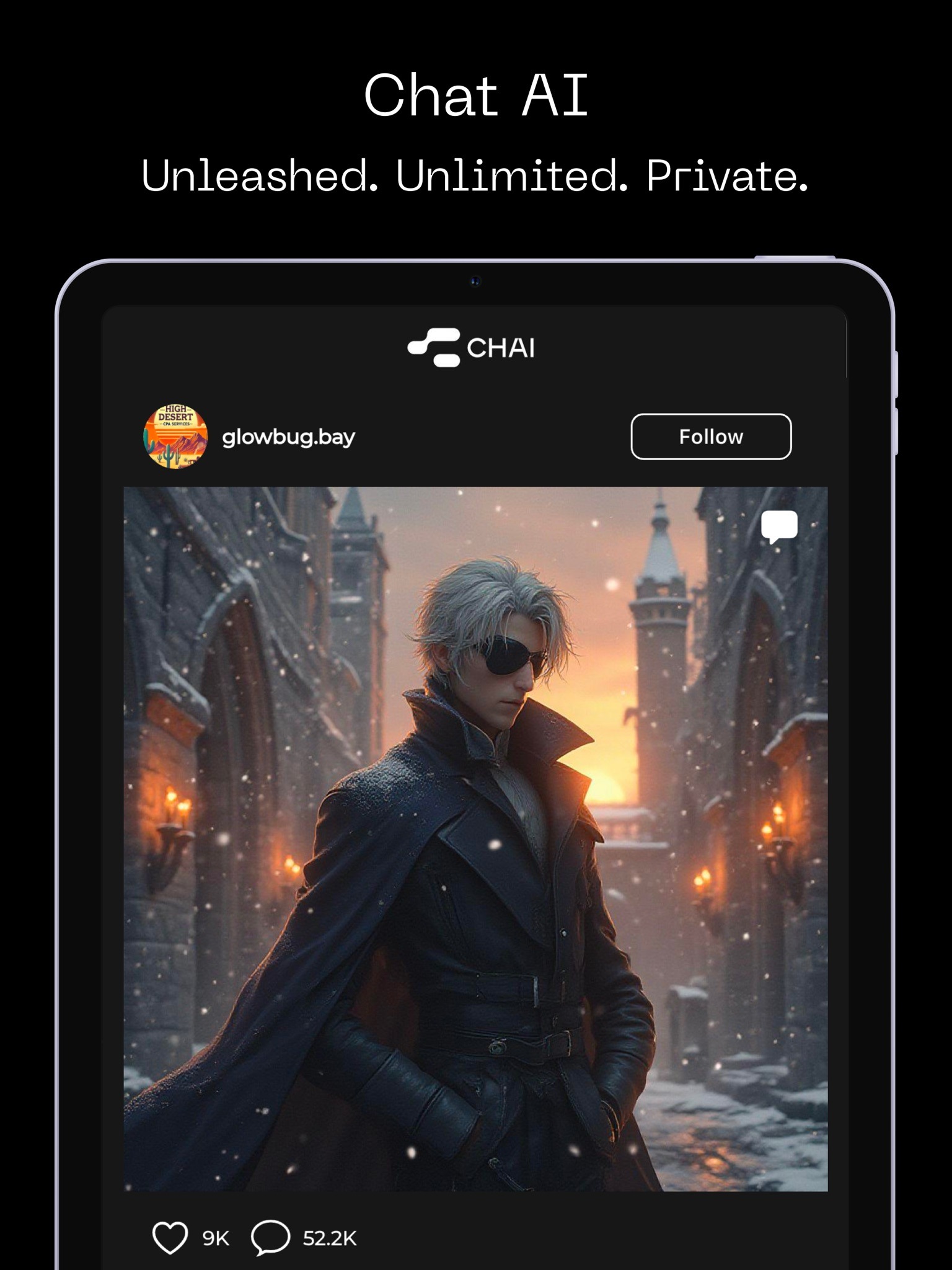 Chai App Store iPad screenshot showing a featured character post in the Chai feed