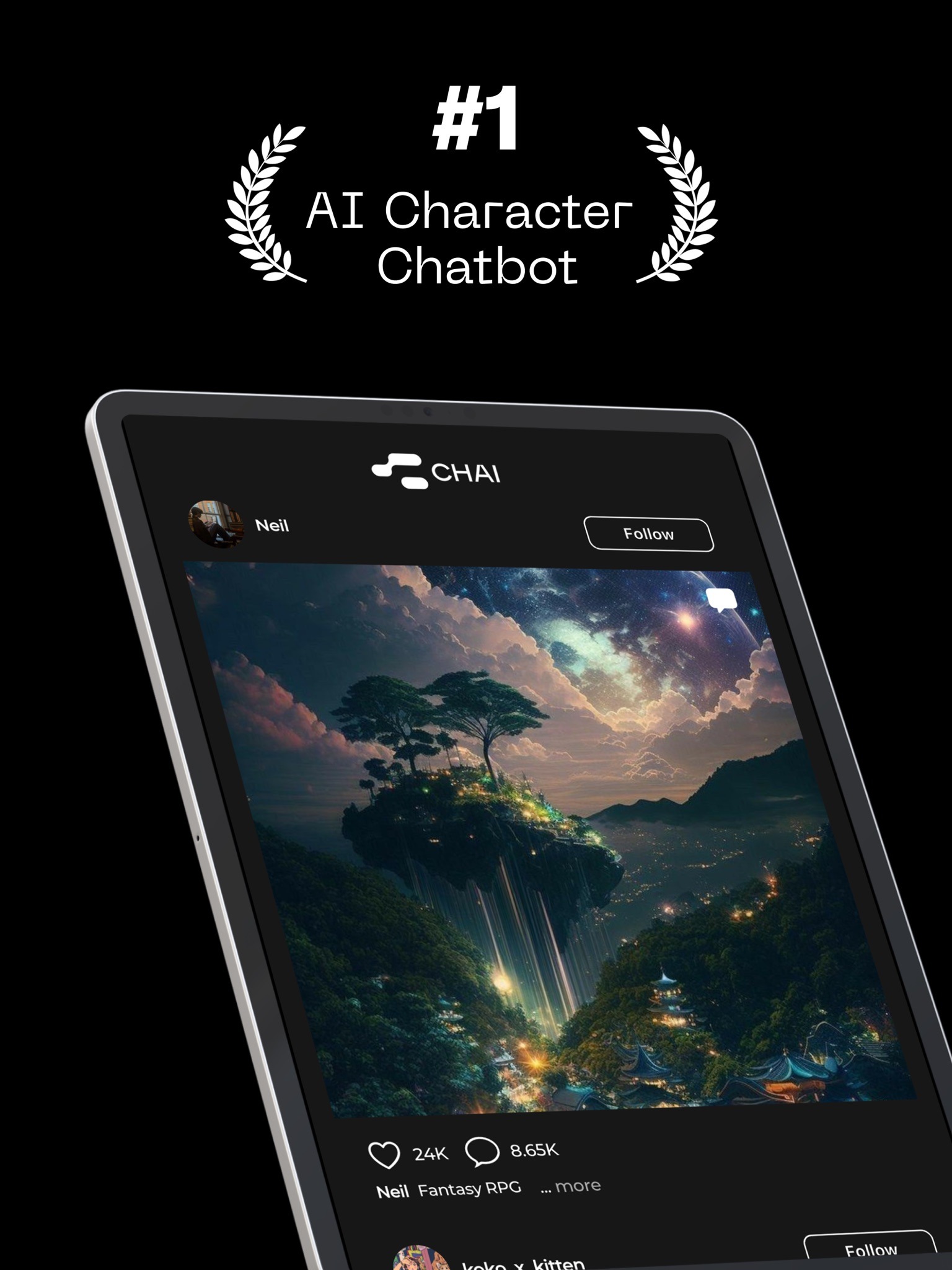 Chai App Store iPad screenshot showing a character discovery feed with a Fantasy RPG post