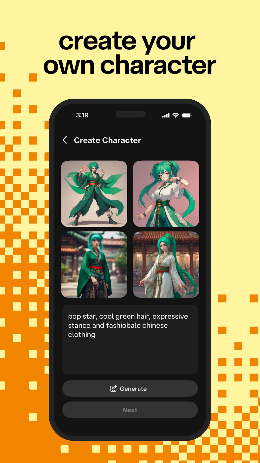 Character AI Google Play screenshot showing the character creation screen