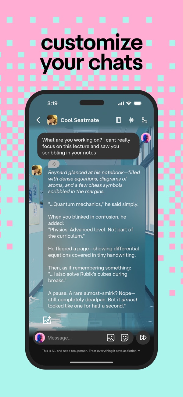 Official Character AI App Store screenshot showing a customized roleplay chat
