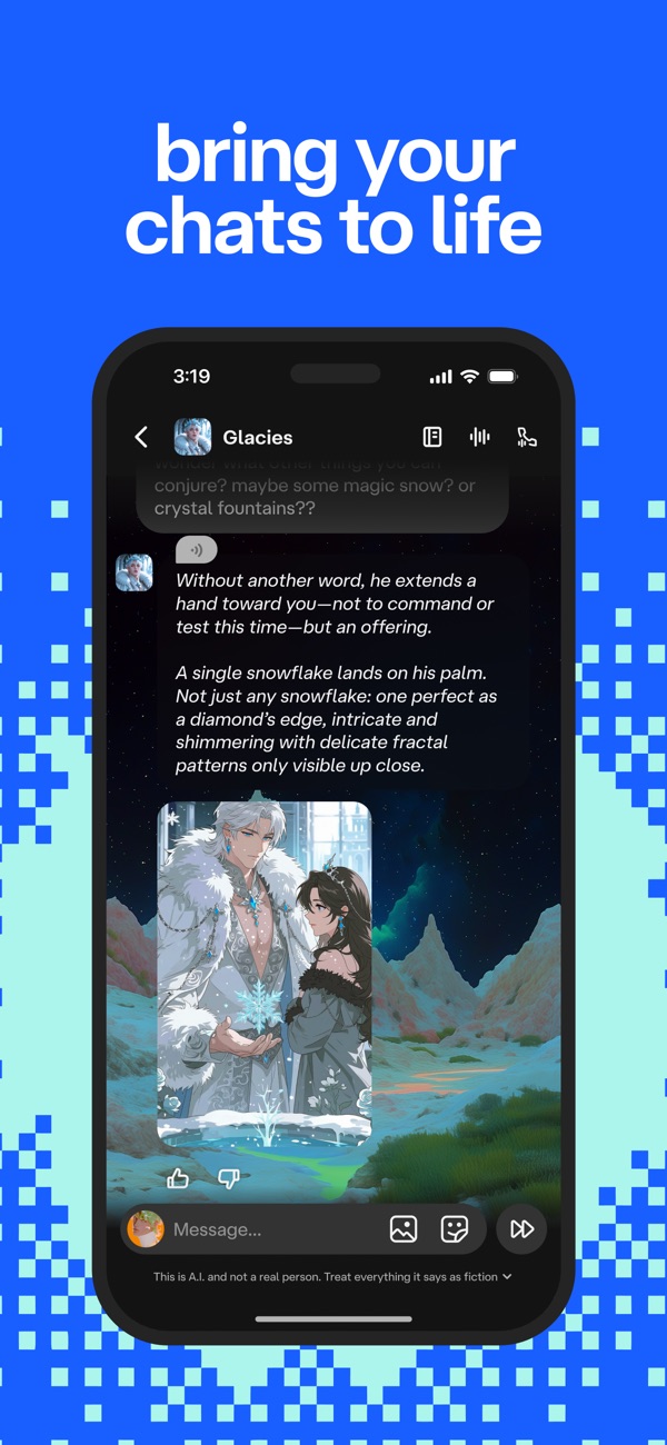 Character AI App Store screenshot showing a fantasy roleplay chat