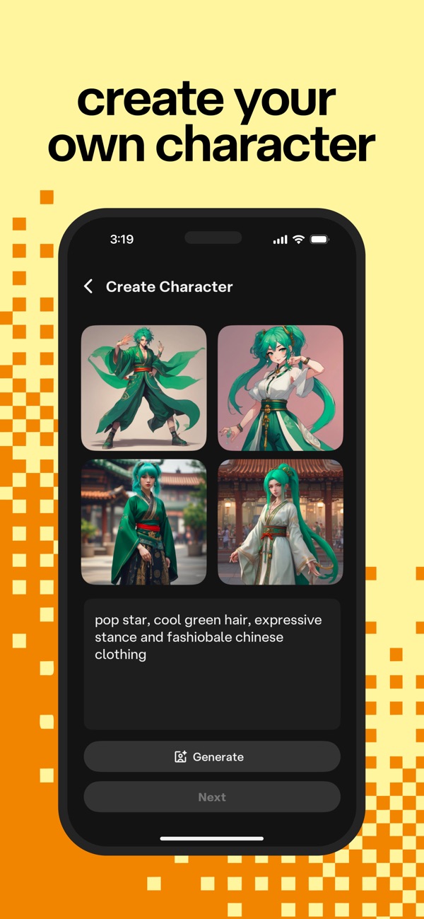 Character AI App Store screenshot showing the Create Character screen with generated character portraits