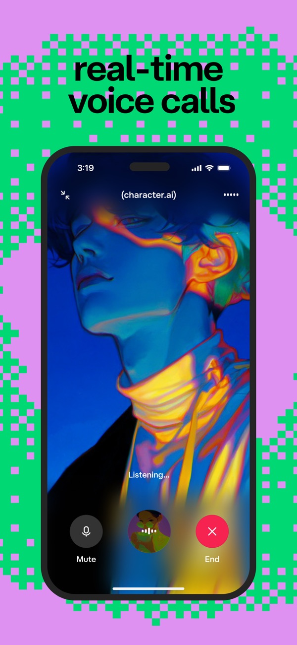 Character AI App Store screenshot showing a voice call with a character