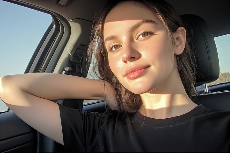 Kindroid official blog artwork showing a photorealistic companion selfie taken inside a car in sunlight
