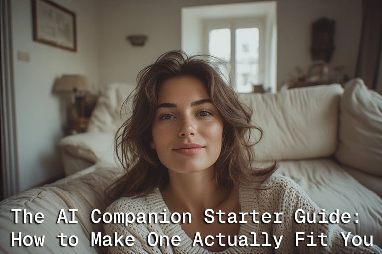 Kindroid official website blog header image showing a photorealistic AI companion portrait on a couch, titled The AI Companion Starter Guide