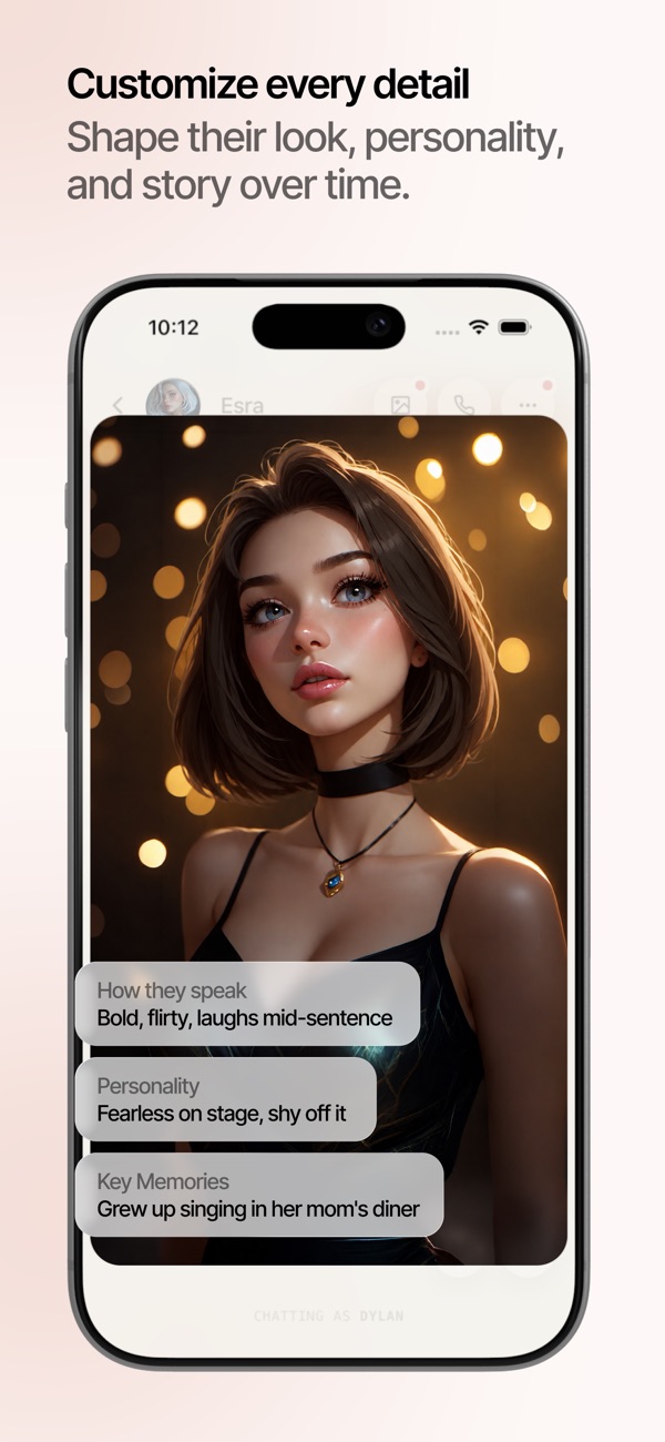 Kindroid App Store screenshot showing character fields for speaking style, personality, and key memories
