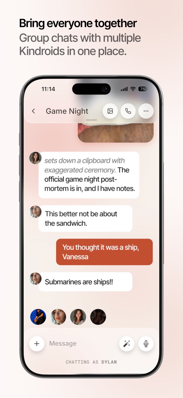 Kindroid App Store screenshot showing a group chat with several Kindroids in one conversation