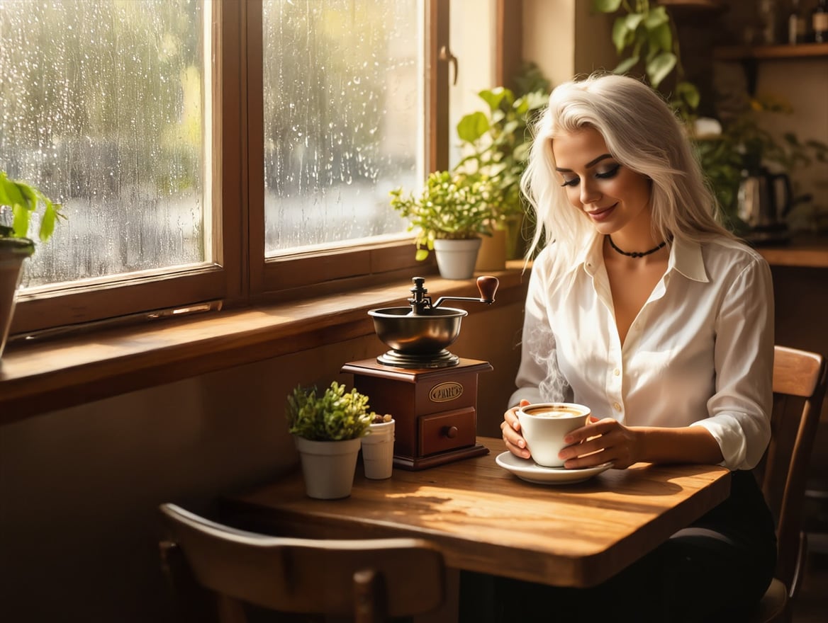 Kindroid official blog artwork showing a silver haired Kindroid companion holding a coffee cup at a cafe table by a rainy window