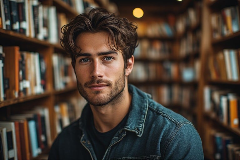 Kindroid official blog artwork showing a photorealistic companion portrait of a young man in a library