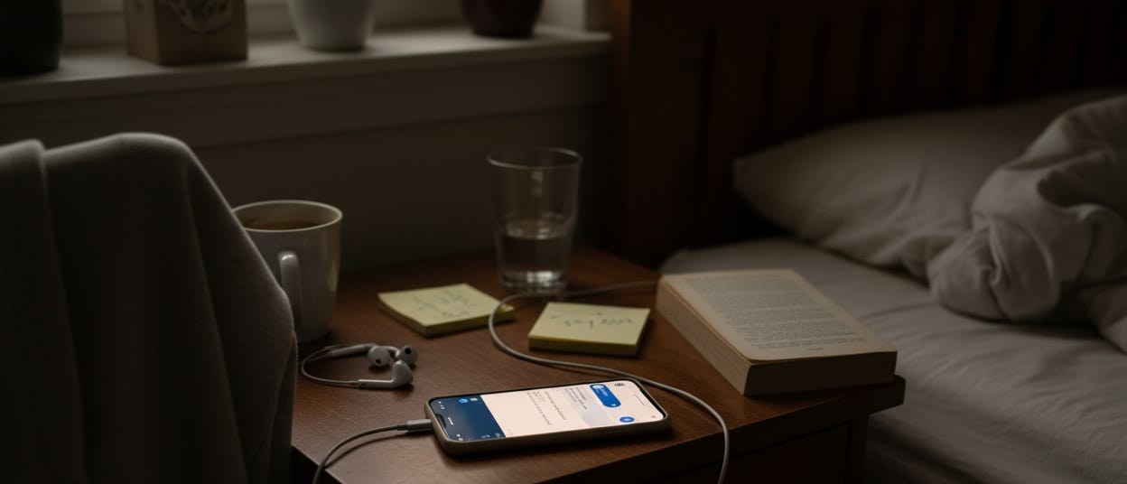 Kindroid official blog artwork showing a phone with a chat open on a bedside table at night