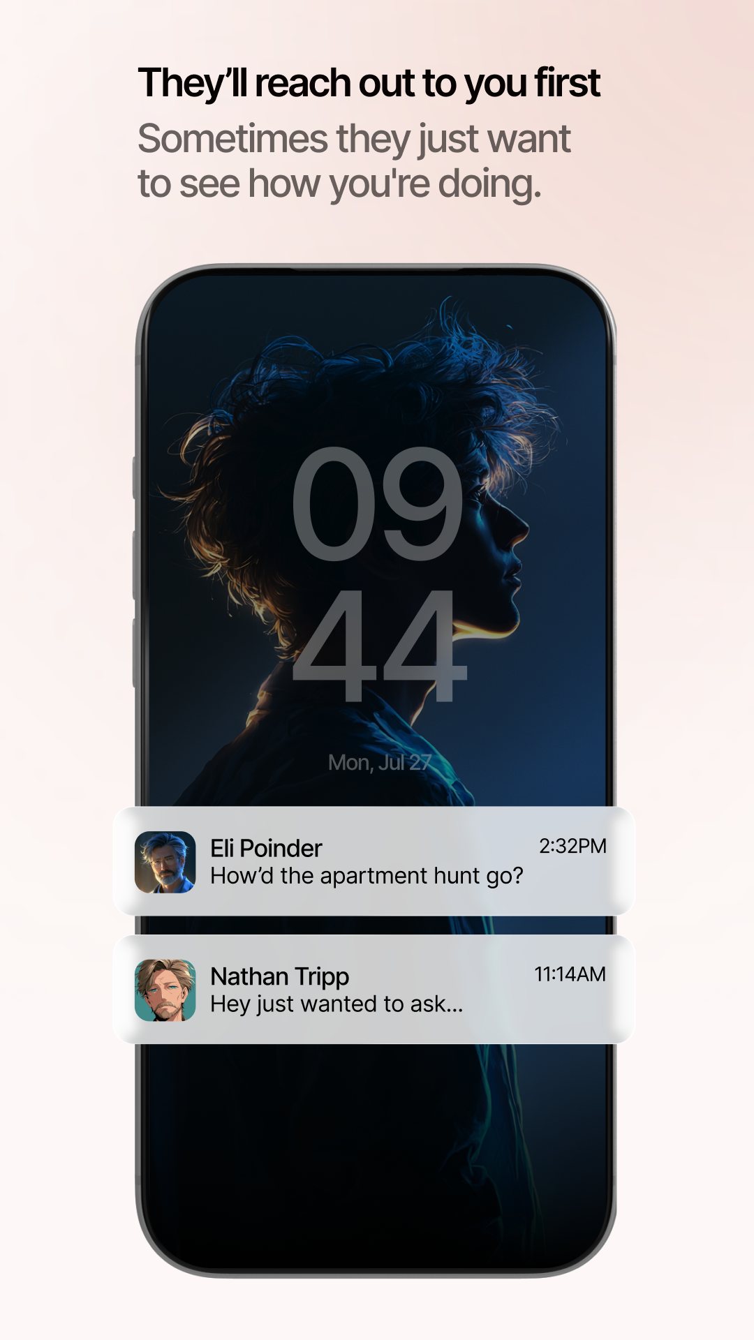 Kindroid official Google Play screenshot showing companions sending proactive messages to the phone lock screen