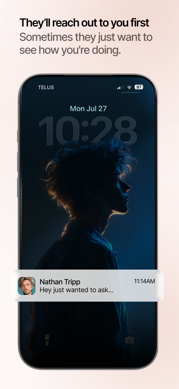 Kindroid App Store screenshot showing a proactive message notification from a Kindroid on a phone lock screen