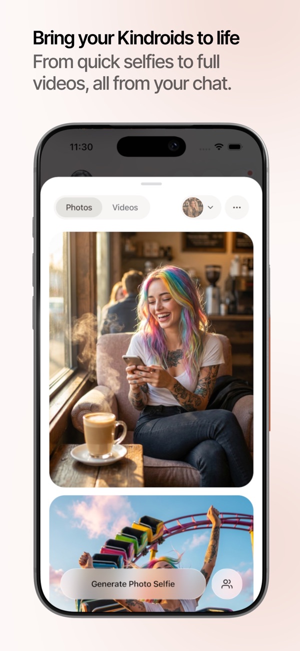 Kindroid App Store screenshot showing a generated selfie and video gallery with the headline Bring your Kindroids to life