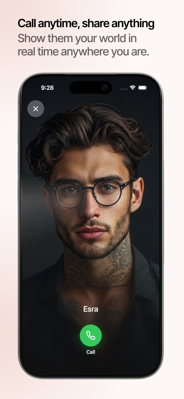 Kindroid App Store screenshot showing a video call screen with the headline Call anytime, share anything