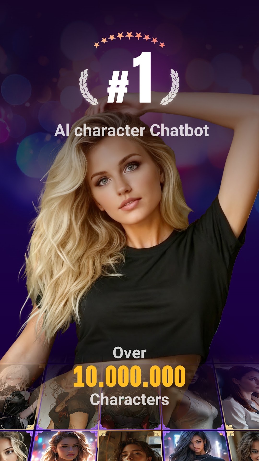 Linky AI Google Play screenshot advertising over ten million AI characters