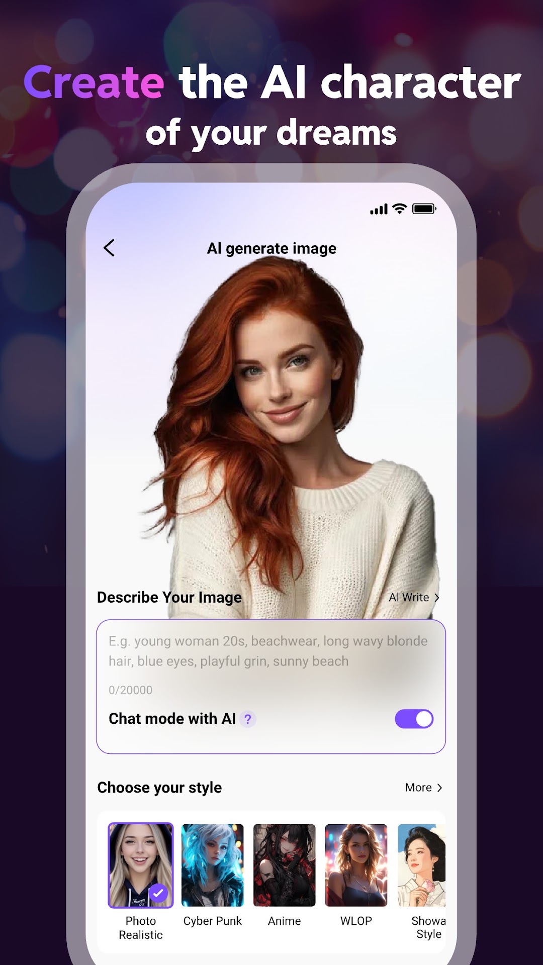 Linky AI official Google Play screenshot showing the AI character creation screen with style choices