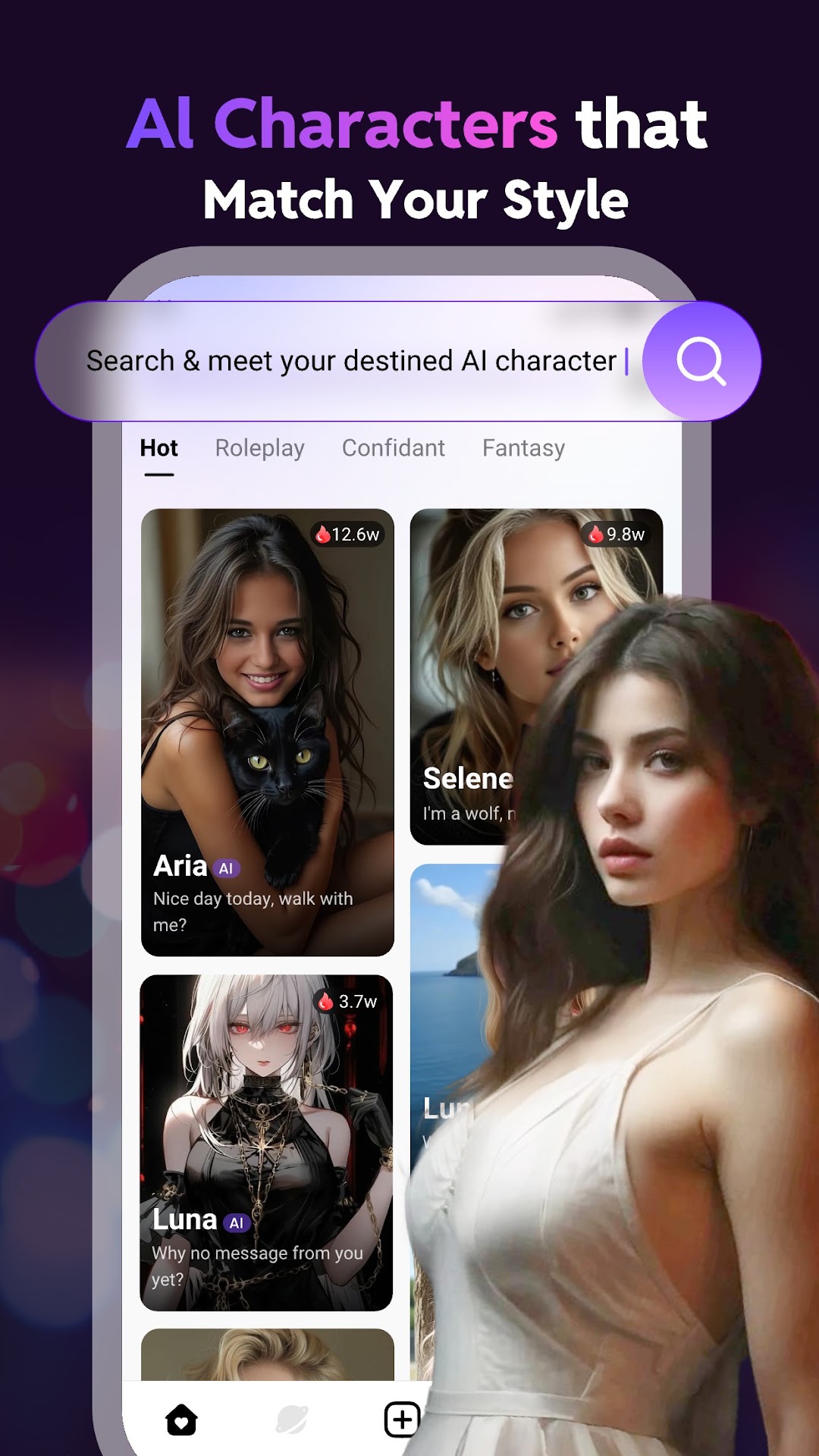 Linky AI official Google Play screenshot showing the character discovery feed with categories and character cards