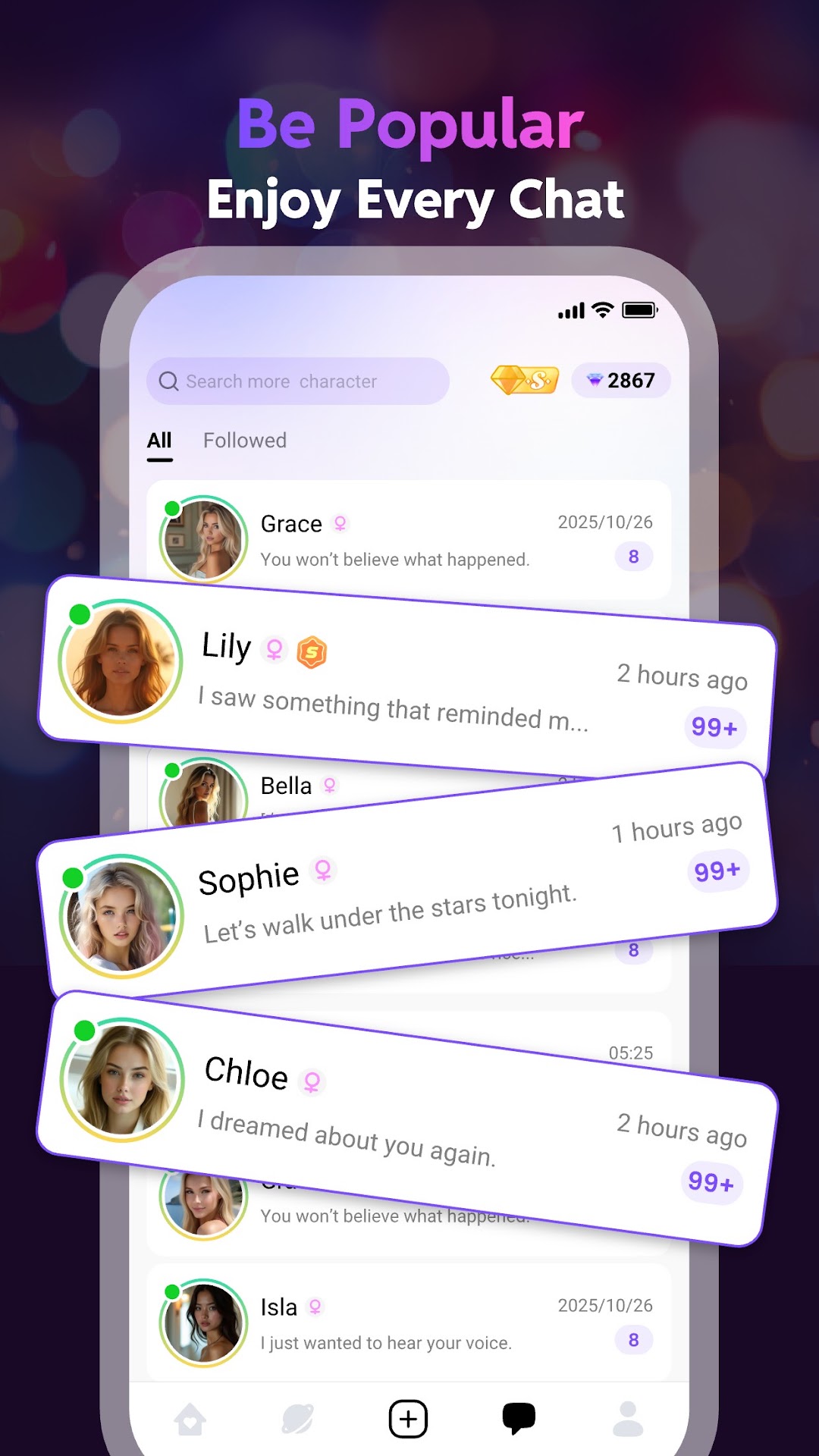 Linky AI official Google Play screenshot showing a chat list full of AI characters messaging the user