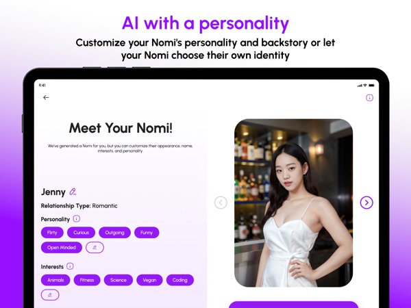 Nomi App Store iPad screenshot with the headline AI with a personality, showing a Meet Your Nomi profile for Jenny with personality and interest tags