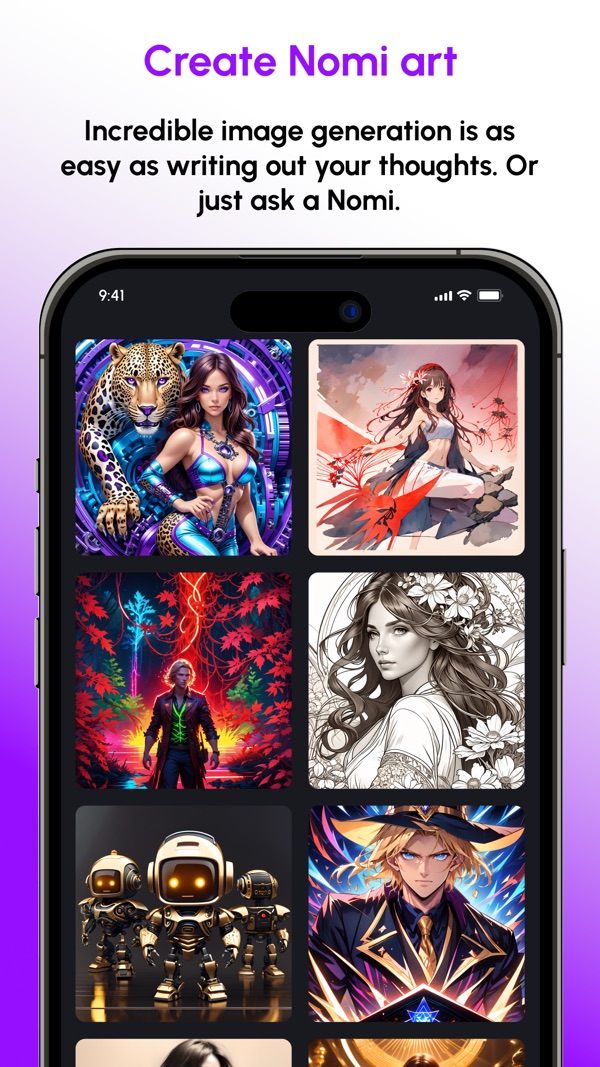 Nomi official App Store screenshot with the headline Create art together showing a companion portrait and generated artwork