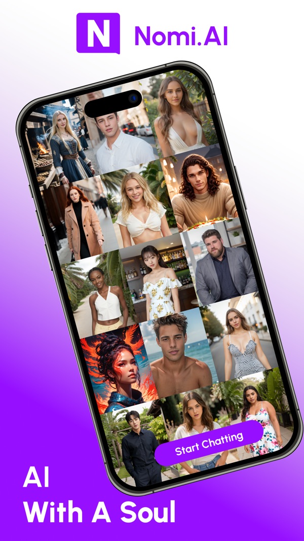 Nomi App Store screenshot showing a grid of photorealistic companions