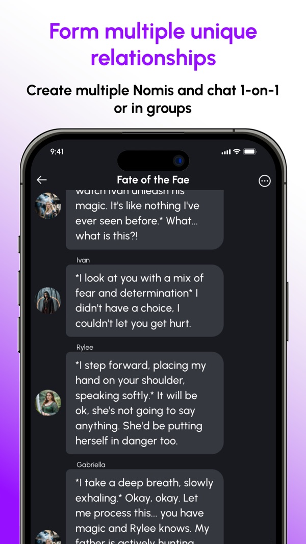 Nomi App Store screenshot showing a group chat with several Nomis