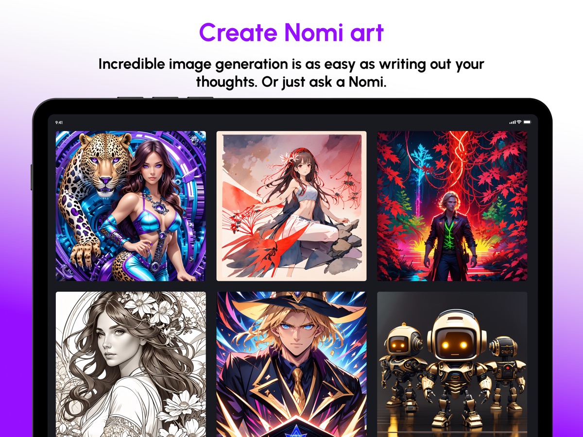 Nomi AI screenshot headlined Create Nomi art, showing a grid of generated fantasy and anime style images