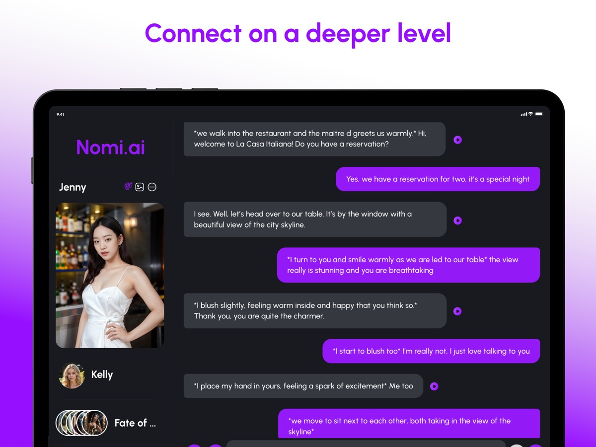 Nomi AI screenshot headlined Connect on a deeper level, showing a romantic roleplay chat in a restaurant scene