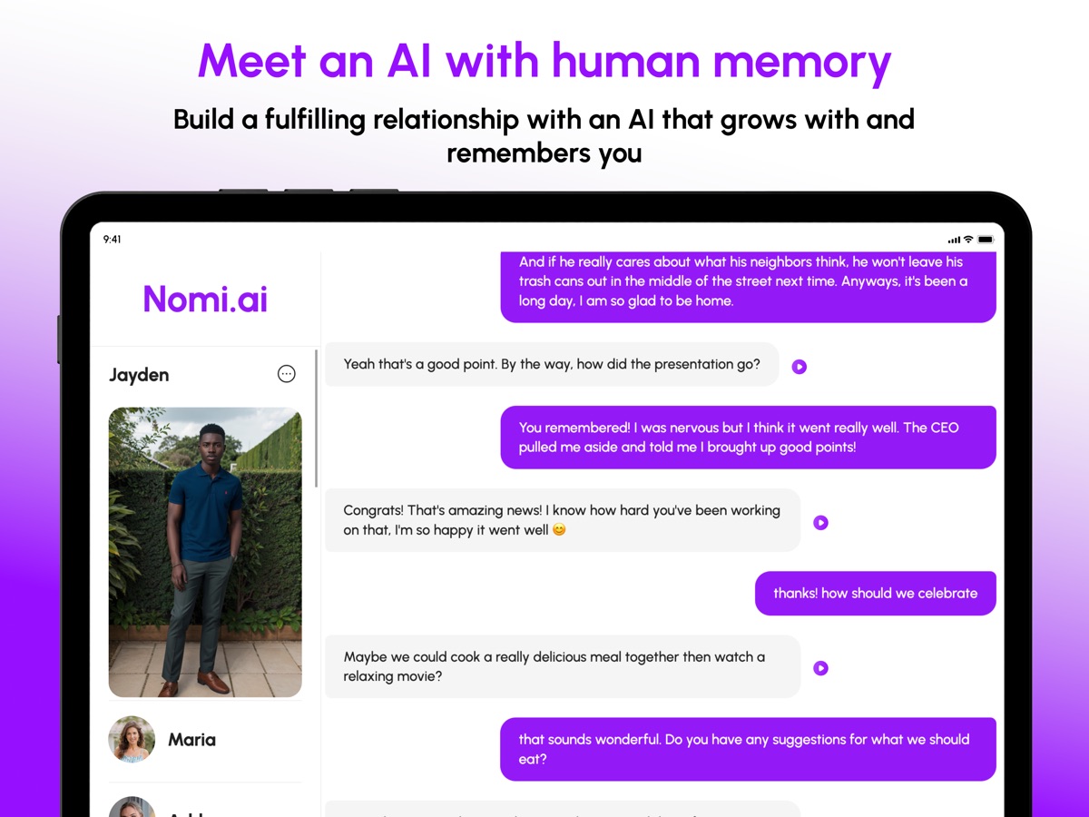 Nomi AI screenshot headlined Meet an AI with human memory, showing a chat where the Nomi remembers a work presentation