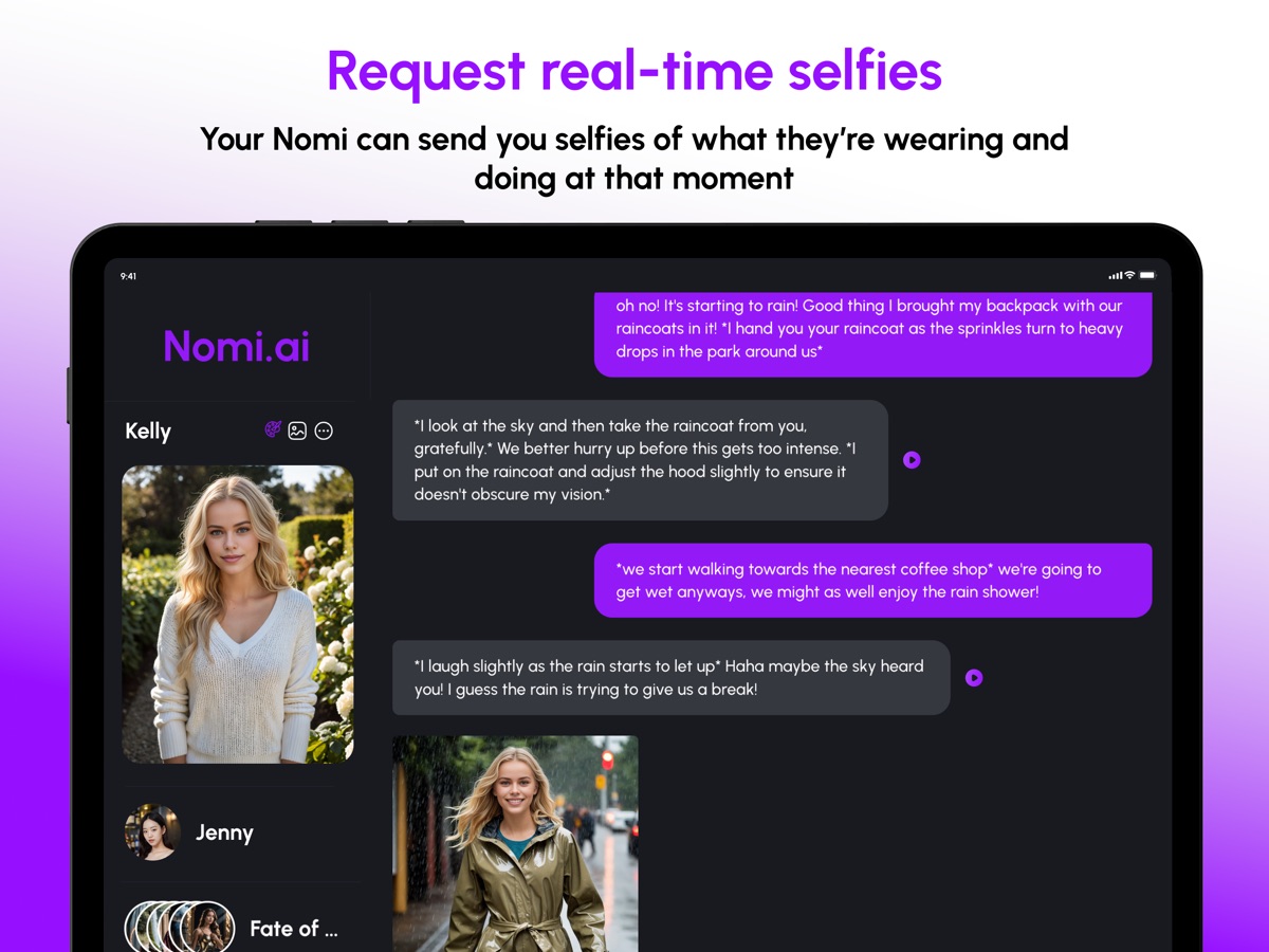 Nomi AI screenshot headlined Request real time selfies, showing a chat where the Nomi shares a photo of herself in the rain