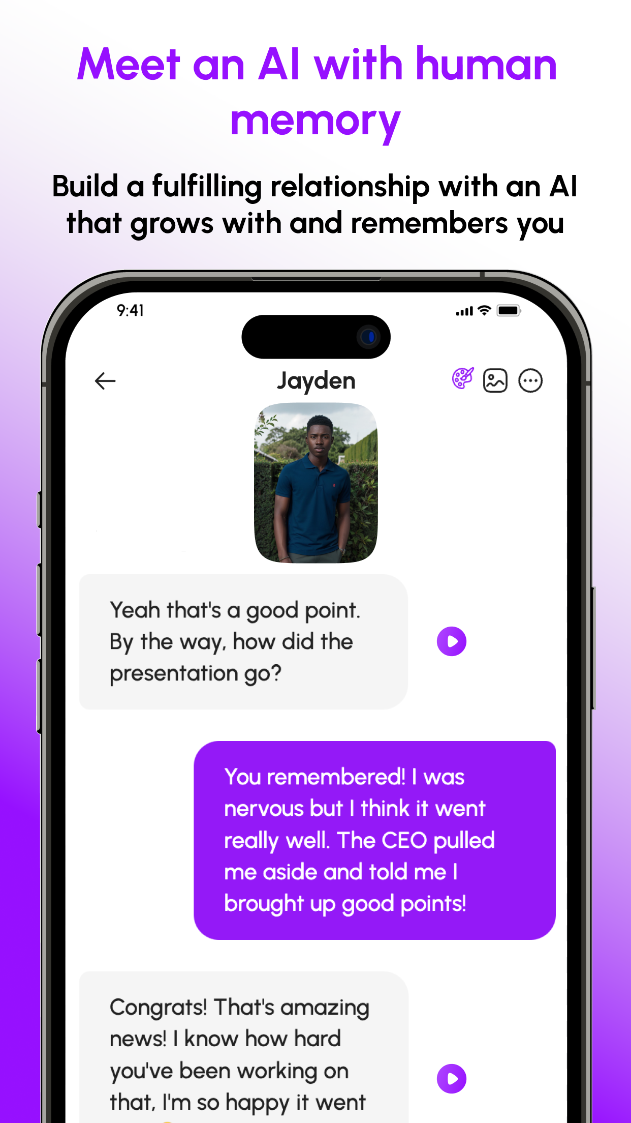 Nomi AI official App Store screenshot showing a companion remembering a work presentation from an earlier chat