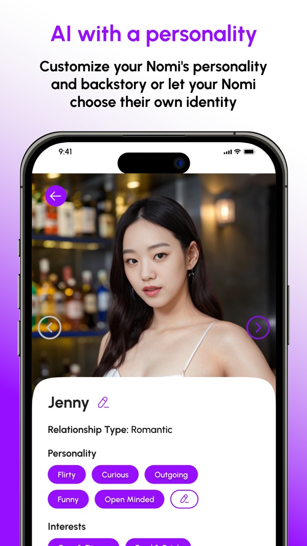 Nomi official App Store screenshot with the headline AI with a personality and a chat about getting to know each other