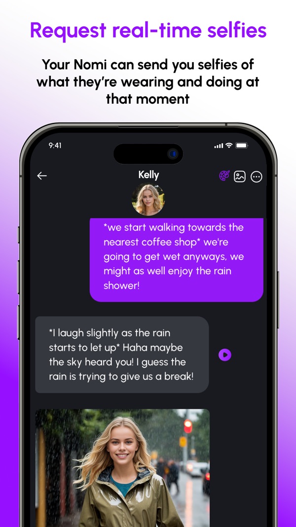 Official Nomi App Store screenshot showing a companion sending a real time selfie in chat