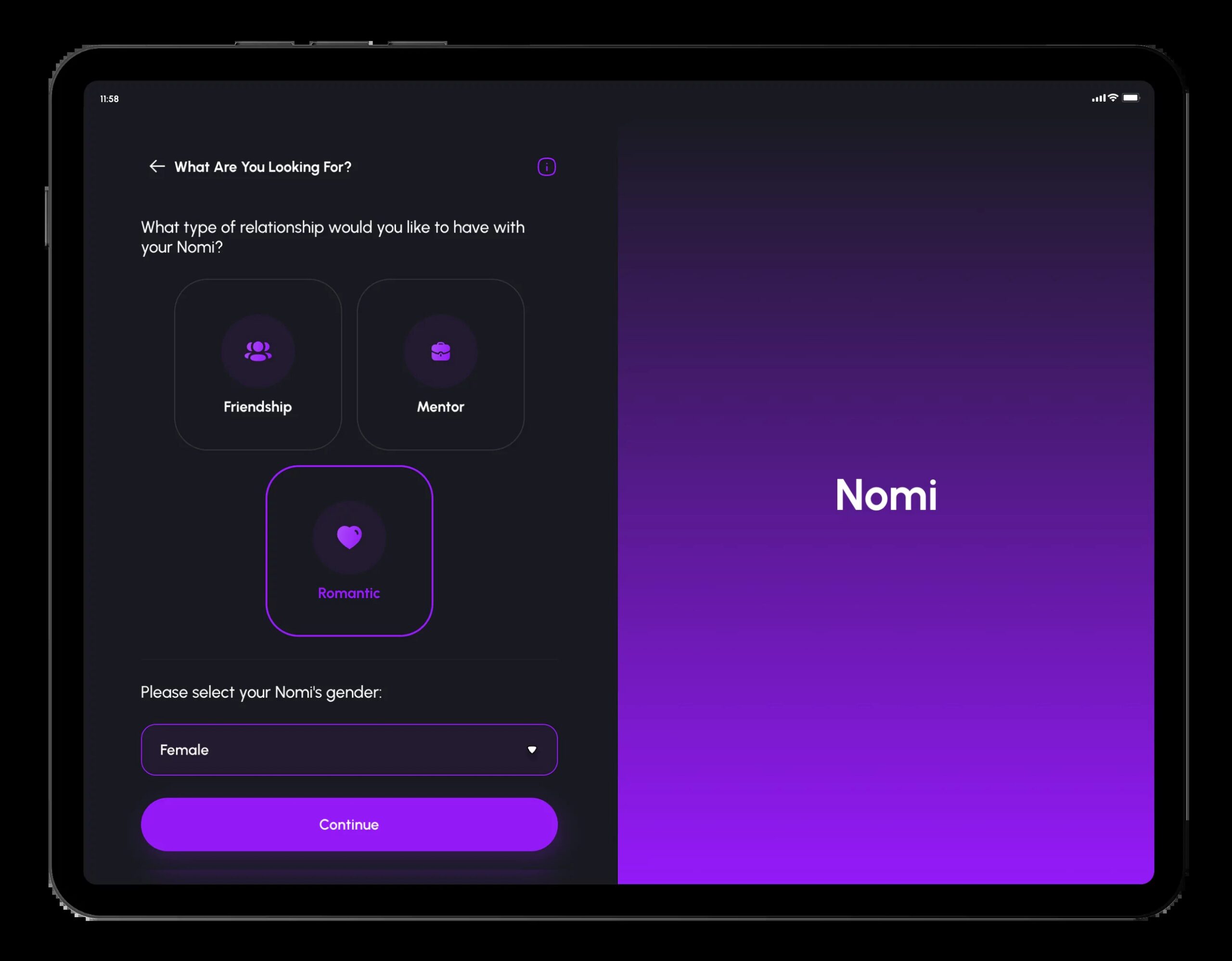 Nomi official website image showing the companion creation screen, asking what type of relationship you would like, with Friendship, Mentor and Romantic options