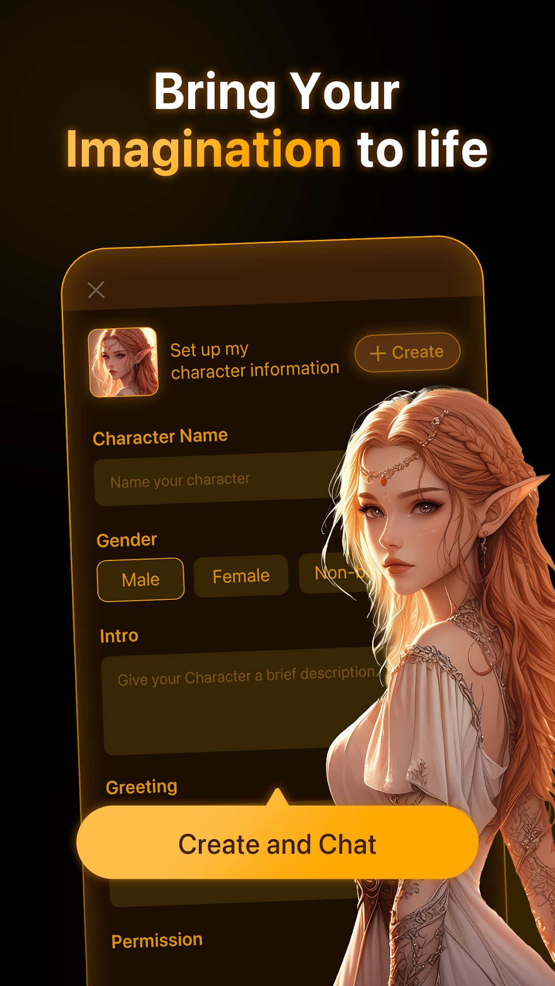 PolyBuzz Google Play screenshot showing the character creation form, with fields for name, gender, intro, and greeting