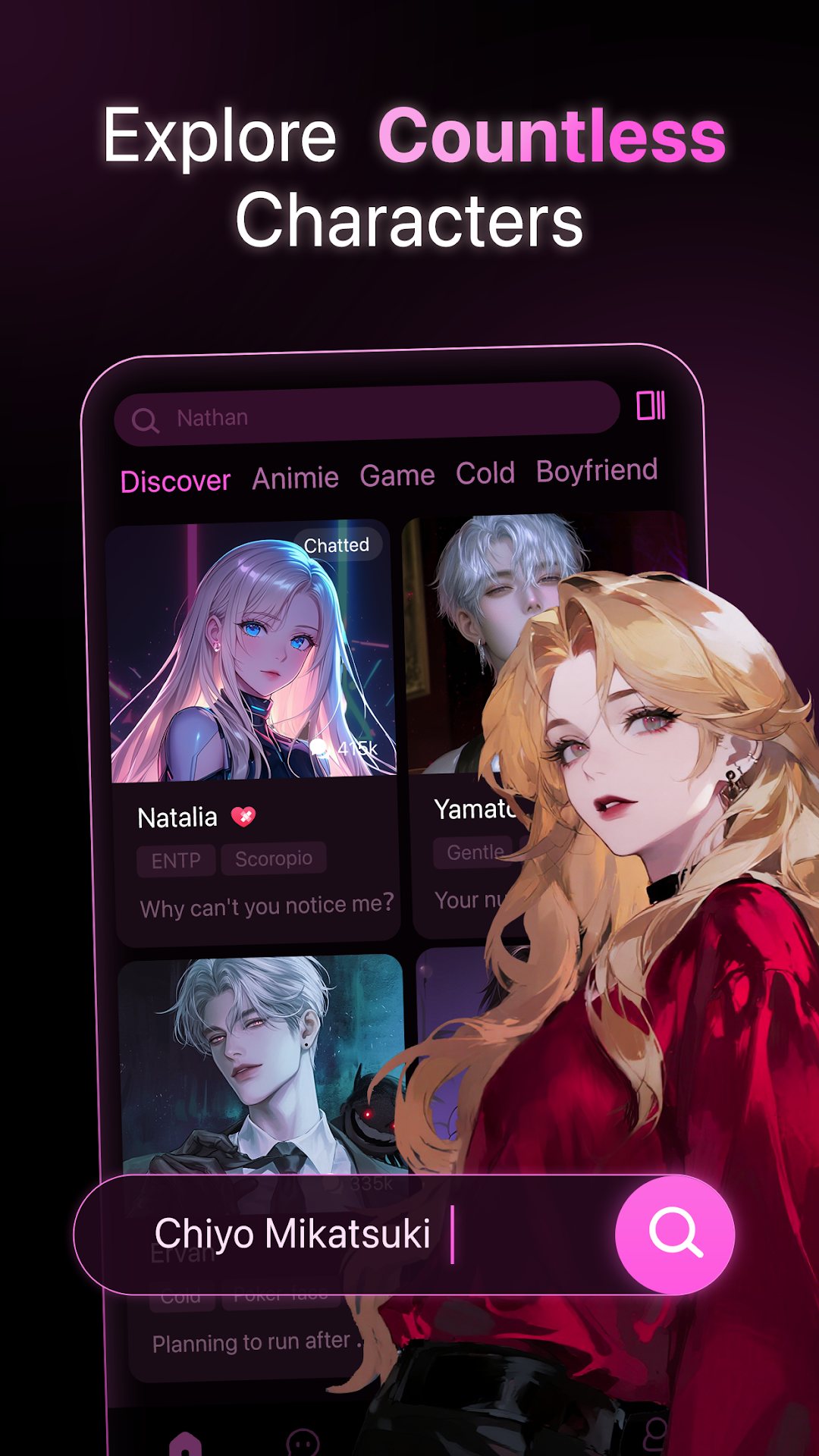 PolyBuzz Google Play screenshot headlined Explore Countless Characters, showing the Discover feed with character cards, search, and personality tags