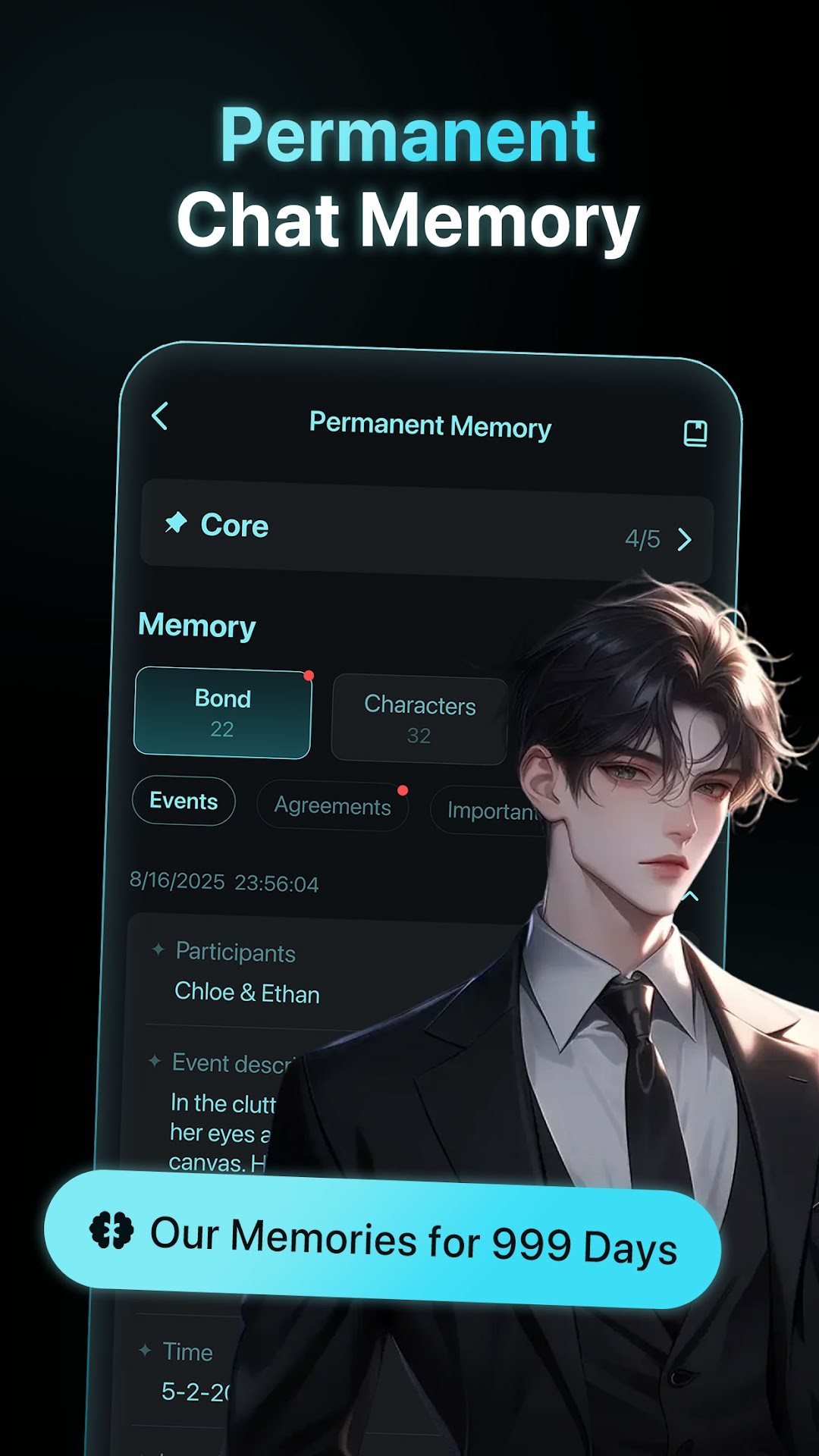 PolyBuzz Google Play screenshot showing the Permanent Memory screen, with core memories, a bond level, and character counts