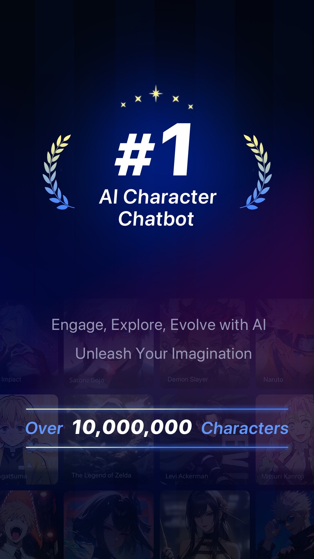PolyBuzz App Store artwork calling it the number one AI character chatbot, with a wall of anime character cards