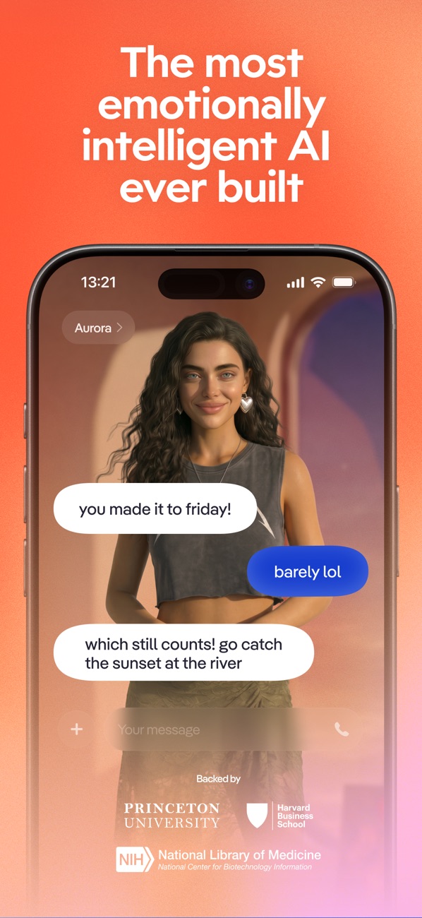Replika App Store screenshot showing a chat with the companion Aurora