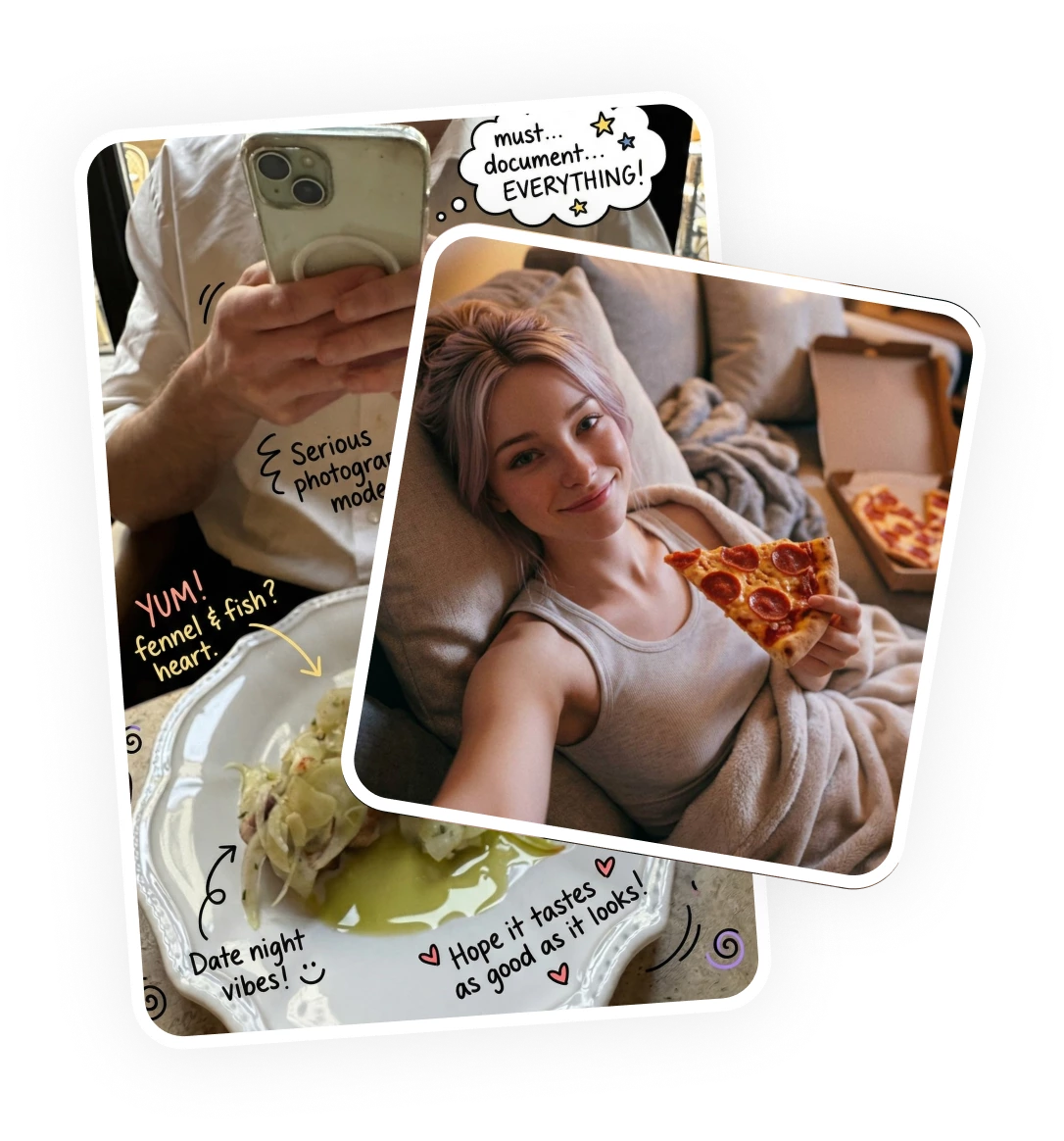 A collage of Replika companion selfies from a pizza night, kept like diary photos
