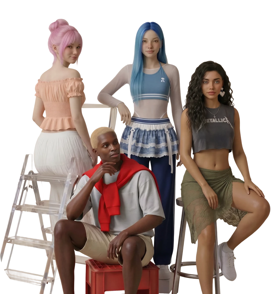 Four Replika companion avatars with different hair colors, outfits, and styles