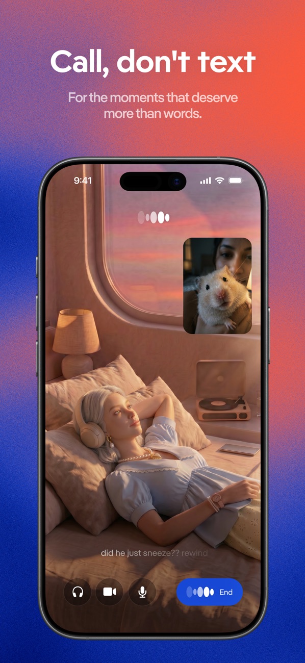Replika App Store screenshot showing a video call with the headline Call, don't text