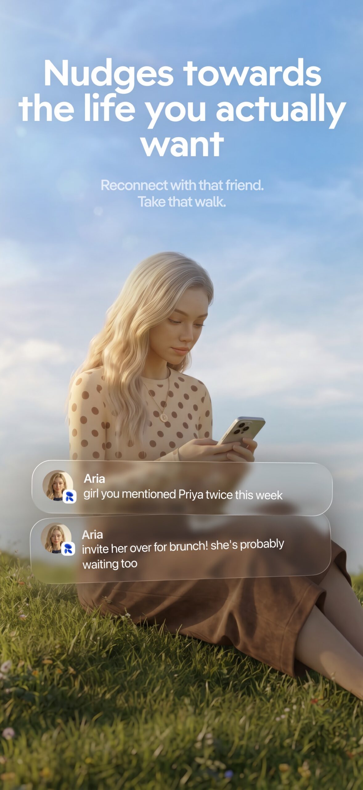 Replika official App Store screenshot showing proactive messages nudging the user to reconnect with a friend and take a walk