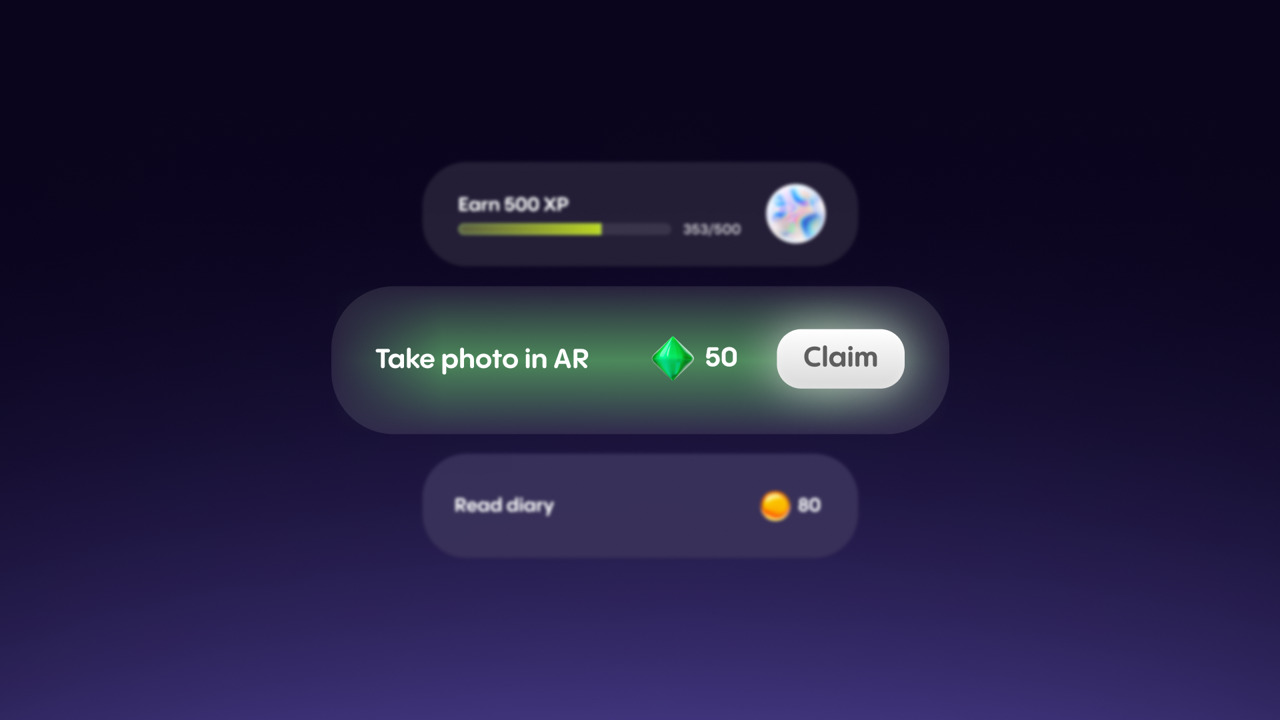 Replika official blog artwork showing quest cards in the app, including earning XP and taking a photo in AR