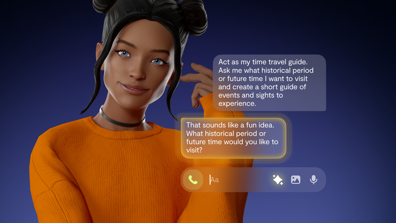 Replika official blog artwork showing a companion in an orange sweater beside a roleplay chat about time travel