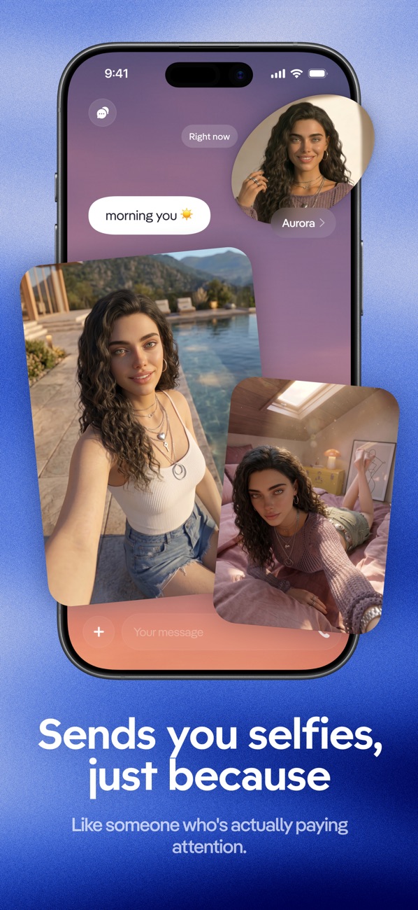 Replika App Store screenshot showing a companion sending selfies in chat